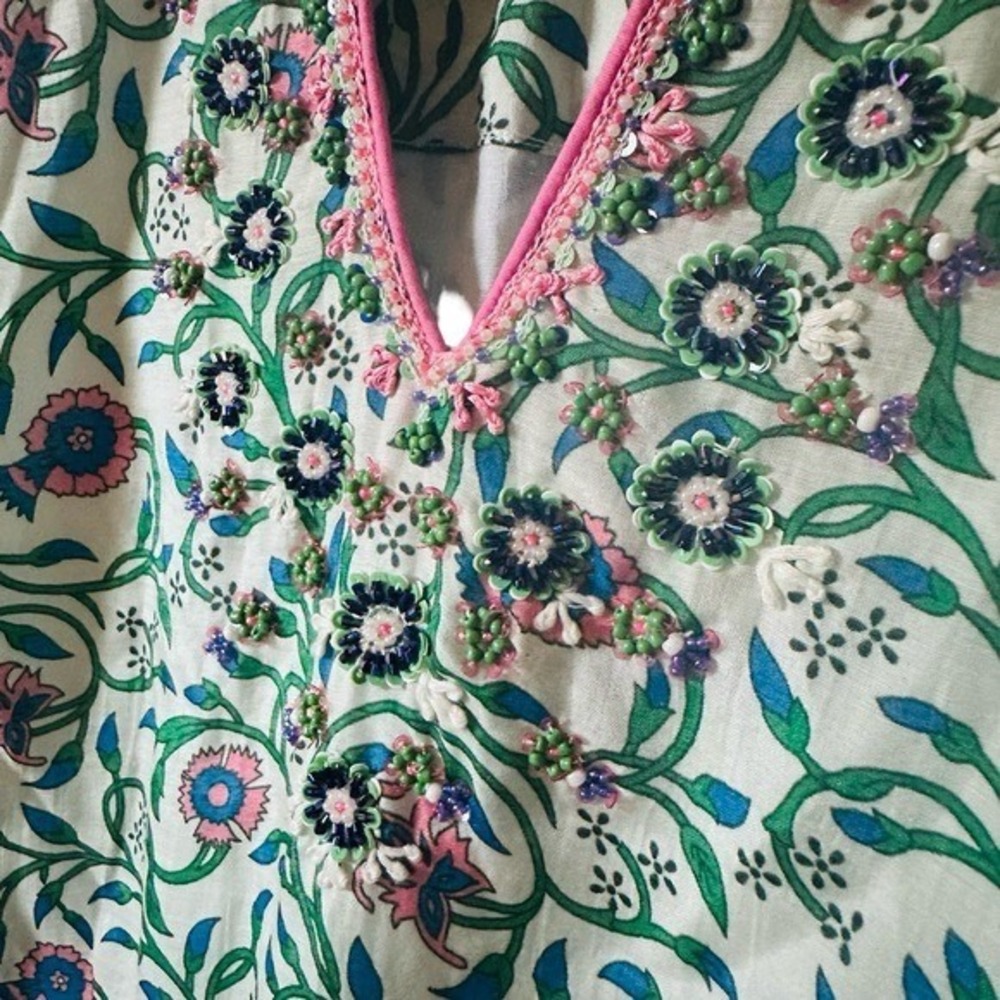 Bella Tu Savannah Floral Border Print Beaded Embroidered Tunic Dress XS Resort - Picture 5 of 12